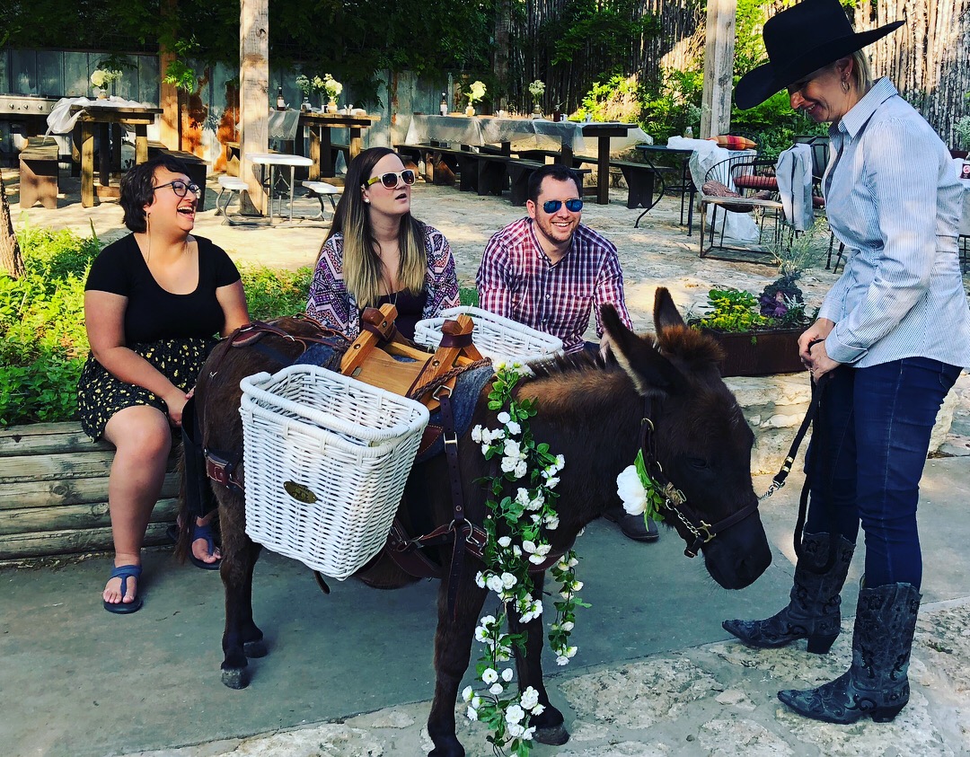 Petting some beer donkeys with Michelle at Ian and Kelsey's wedding, Austin, TX