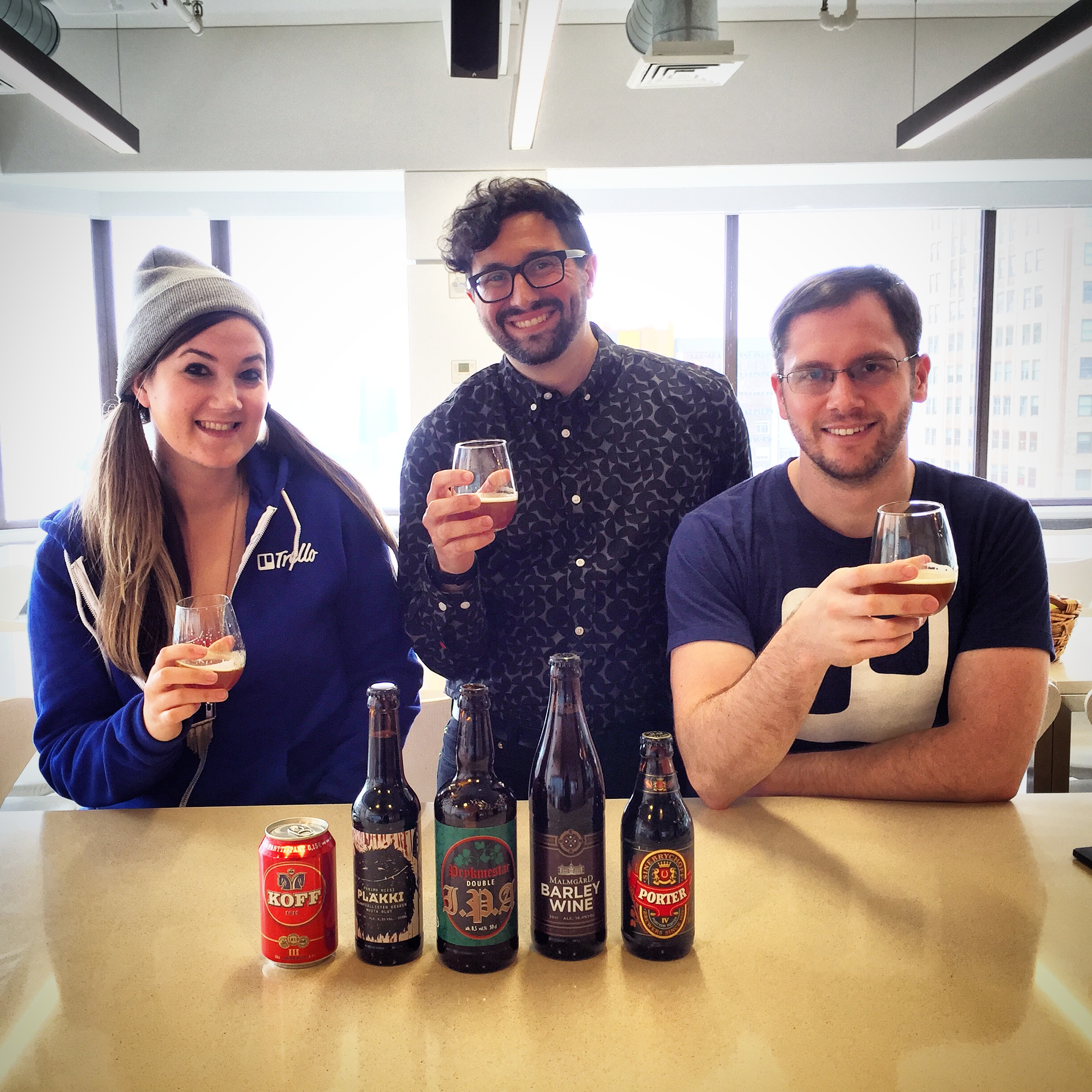 Enjoying some beer with Brian that was sent to us as a result of a Twitter conversation at Trello HQ, New York, NY